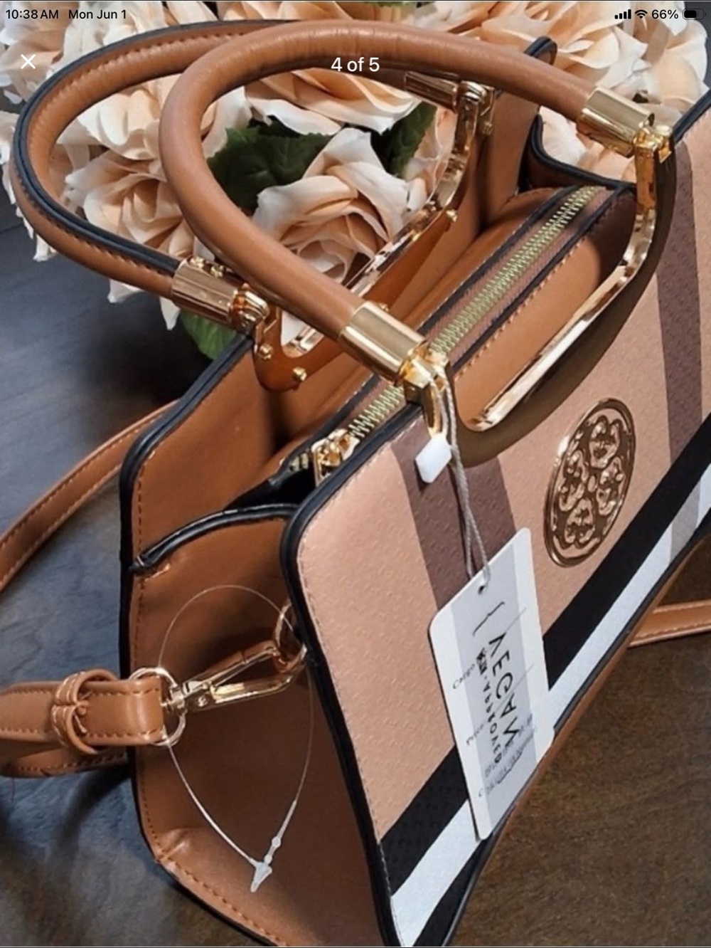 Vegan Approved Structured Stripe Top-Handle Satchel in Taupe and Tan - Picture 4 of 5